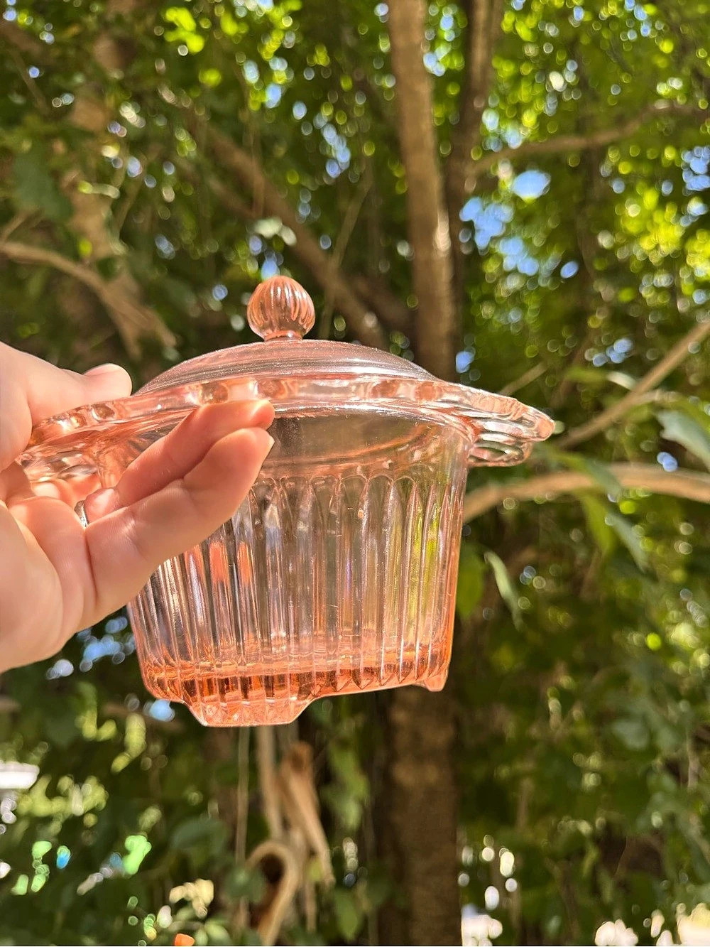 Anchor Hocking Old Colony Open Lace Edge Candy Jar Pink depression glass